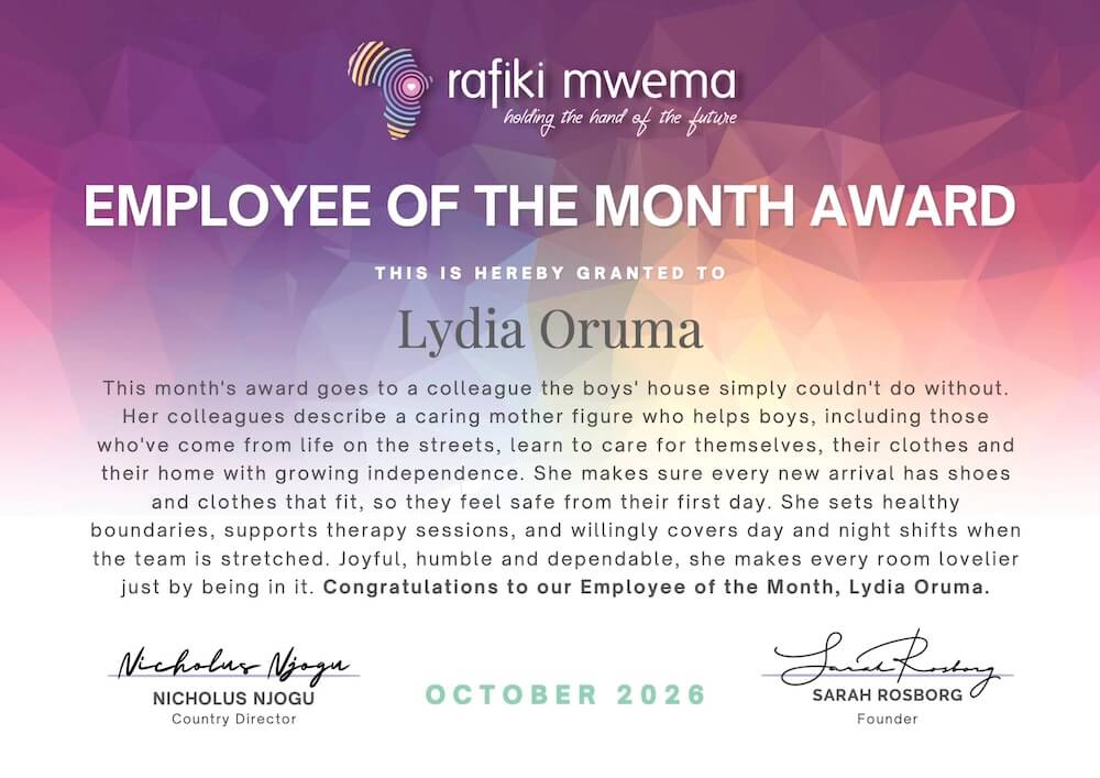 Lydia Employee of the Month Certificate
